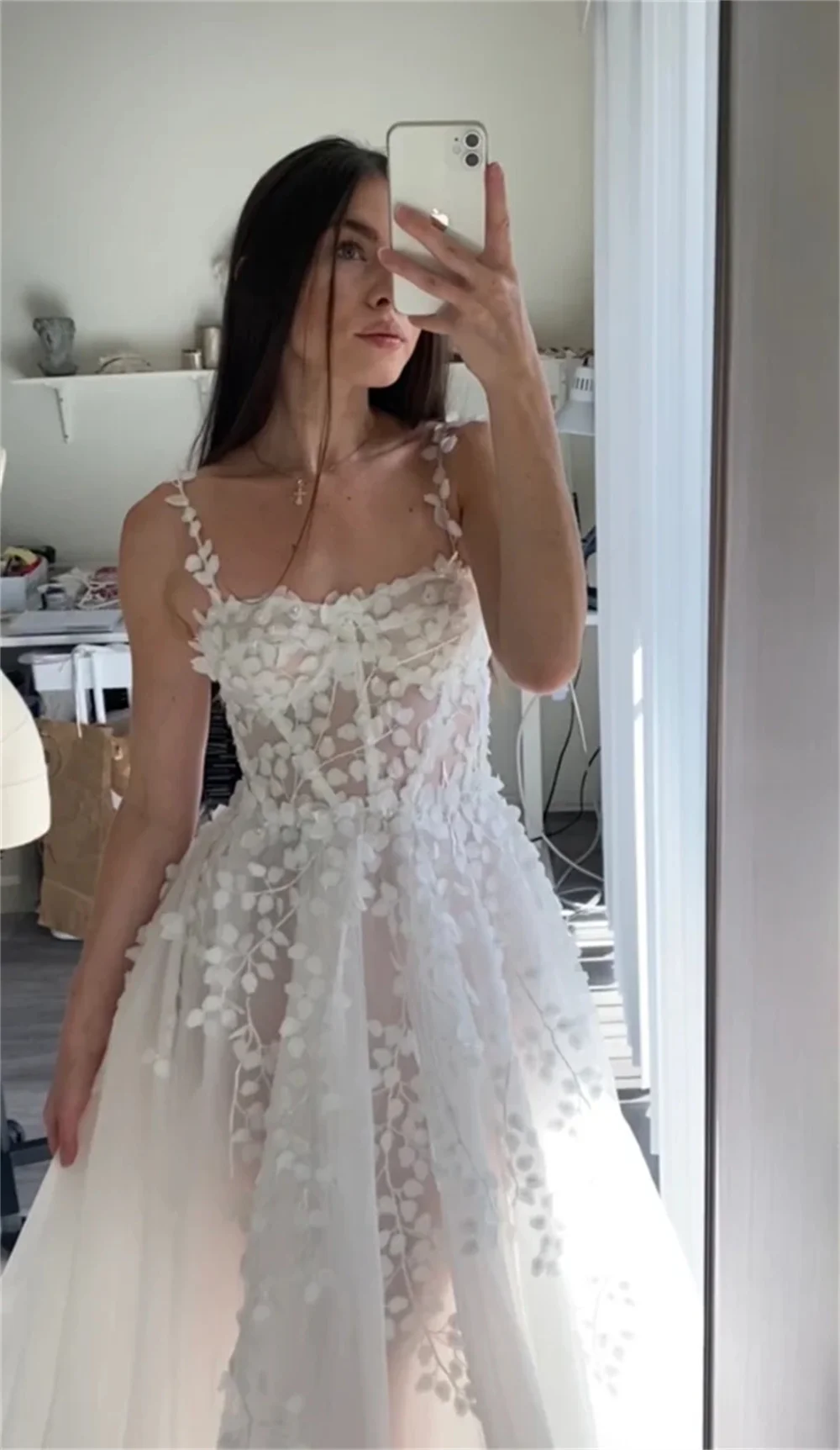 Vestidos de novia de tirantes finos bordados de flores blancas, línea A, sin espalda, vestidos de noche formales hasta el tobillo