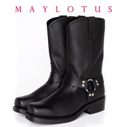 Size 39-48 Luxury Retro Cowboy Boots Men Mid Calf Western Boot Men Pu Leather Man Slip On Shoes Winter Knight Boots Booties