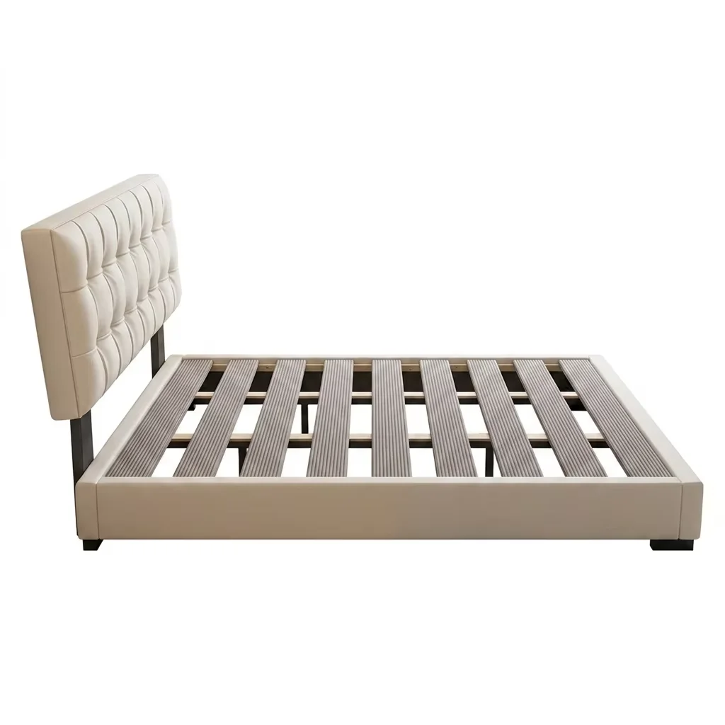 ^Modern Biscuit Tufted Upholstered Bed with Slim Space-Saving Headboard - Italian Cream Leather Queen Bed Frame Factory