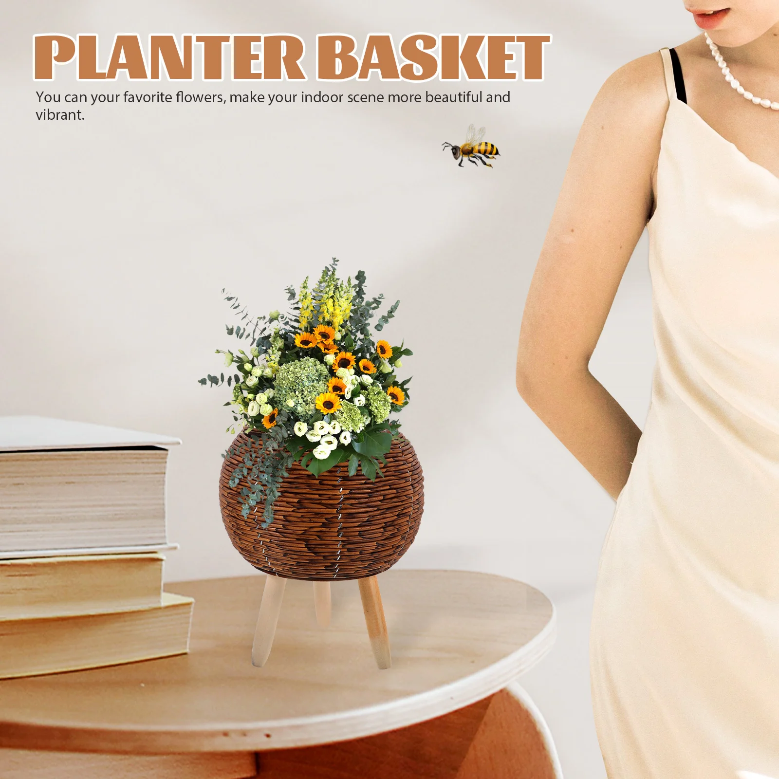 

Flower Pot Stand Hand Weave Planter Basket Straw Display Woven Wood Pots Indoor for Plants