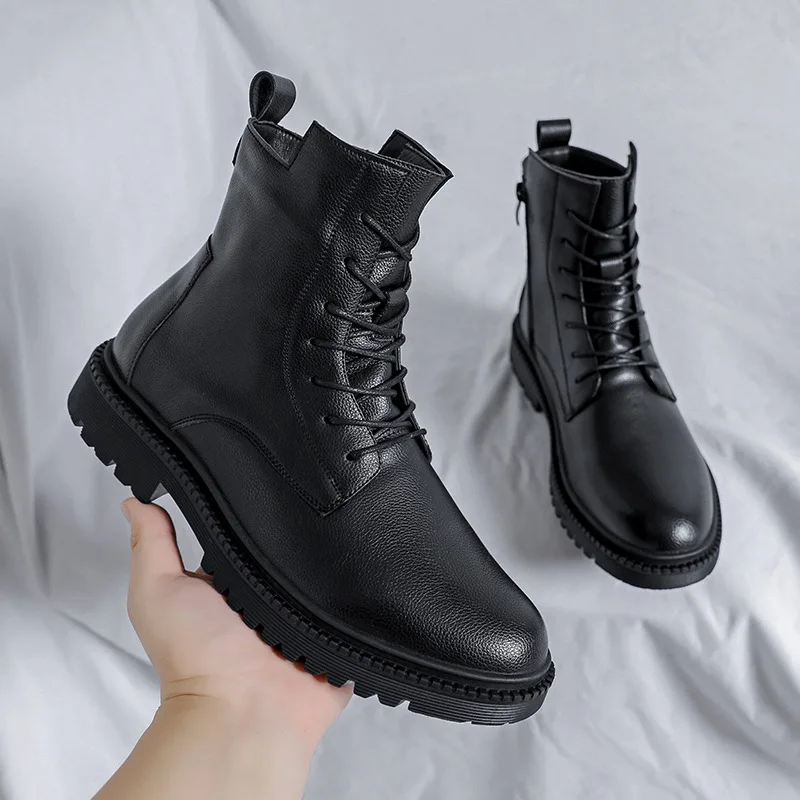 

England style men's fashion platform boots black tide genuine leather shoes vintage handsome cowboy boot short botas masculinas