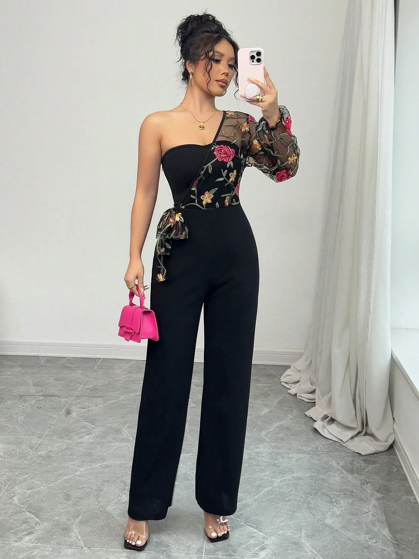Ladies' single-sleeved net fabric embroidered figure-hugging jumpsuit