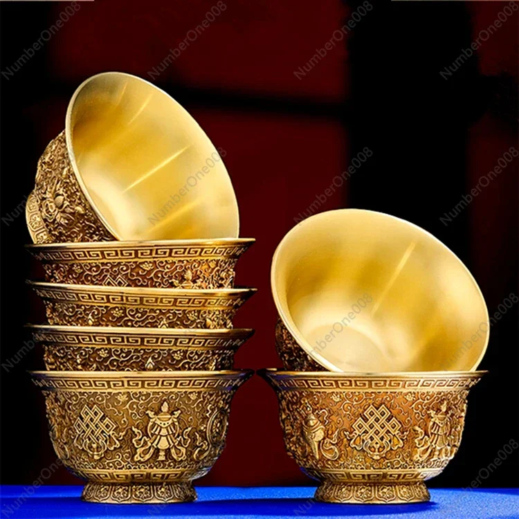 Tantric Nepalese Tibetan Handmade Auspicious Eight Treasures Pure Copper Supply Cup, Buddha Hall Water Supply Cup Decoration