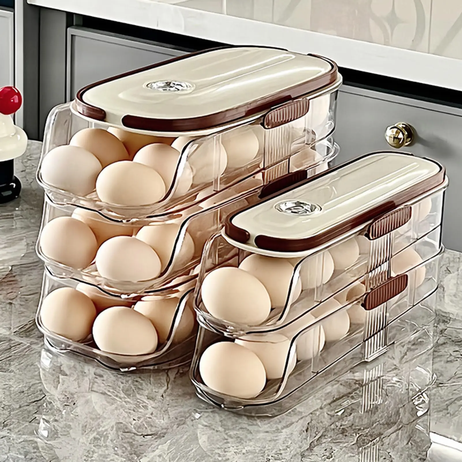 Egg Holder for Refrigerator Automatic Rolling, Storage Box Transparent Stackable Fridge Organizer with Lid For Kitchen