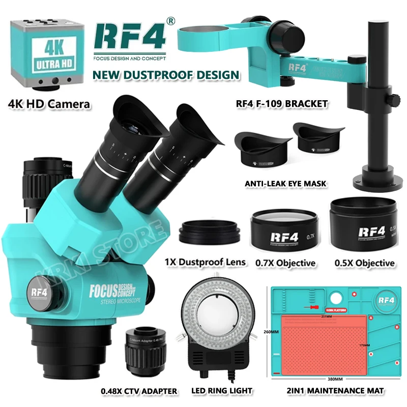 RF4 Simul-Focal Stereofoniczny mikroskop trójokularowy Kamera 4K HDMIUSB 360° °   Obrotowe stojaki przegubowe do lutowania telefonów Naprawa PCB