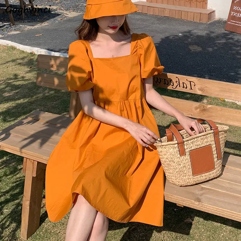 

Short Sleeve Dress Women Fashion Hot Sale Simple Casual All-match New Summer Korean Style Square Collar Temperament Sweet Girl