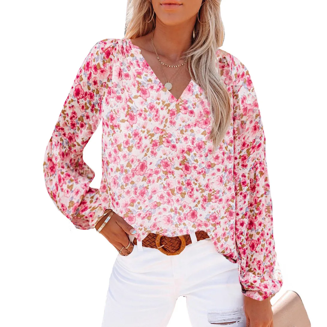 2025 New Autumn and Winter European and American Women's Clothing V-neck Chiffon Top Women's Lantern Sleeve Floral Chiffon Shirt