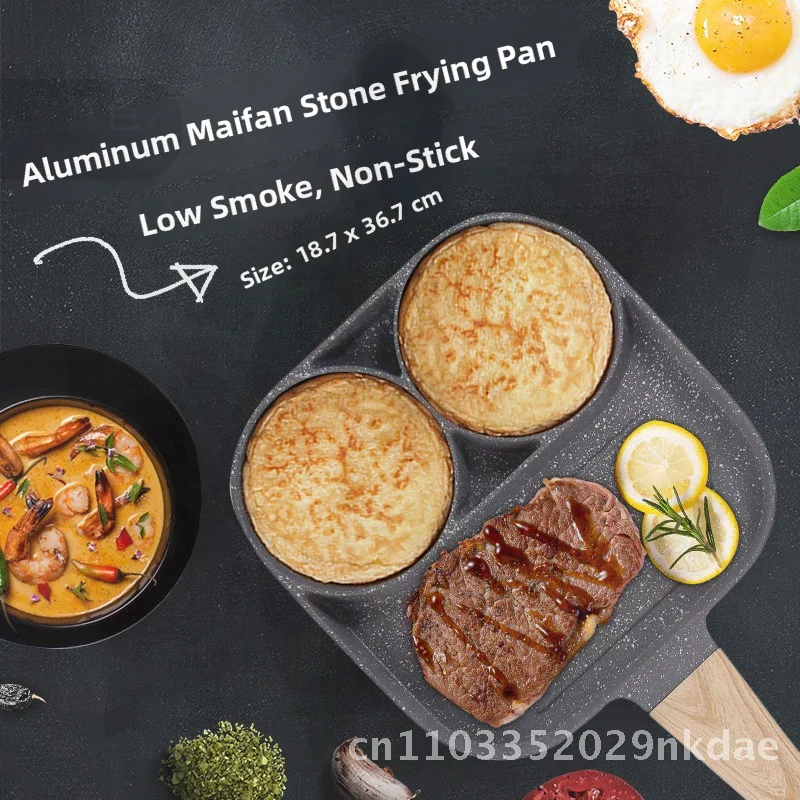 

Каменная сковорода для яиц Maifan с антипригарным покрытием и четырьмя отверстиями, сковорода с плоским дном в корейском стиле для завтрака и пельменей для домашнего использования