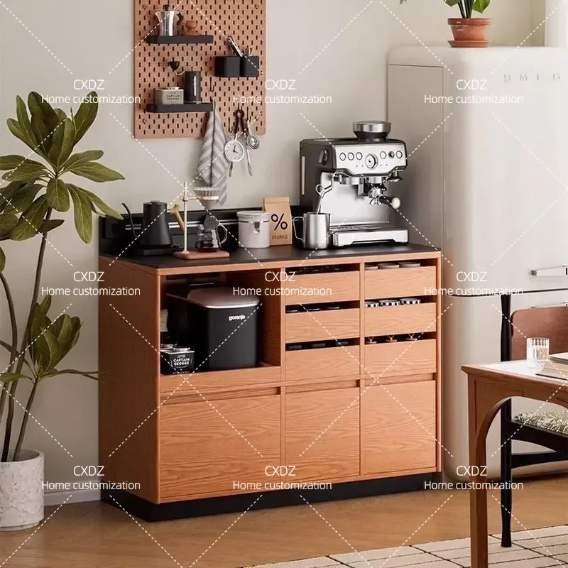 Solid Wood Dining Side Cabinet with Slate Countertop Wall Mounted Coffee Storage Cupboard Household Tea Cabinet