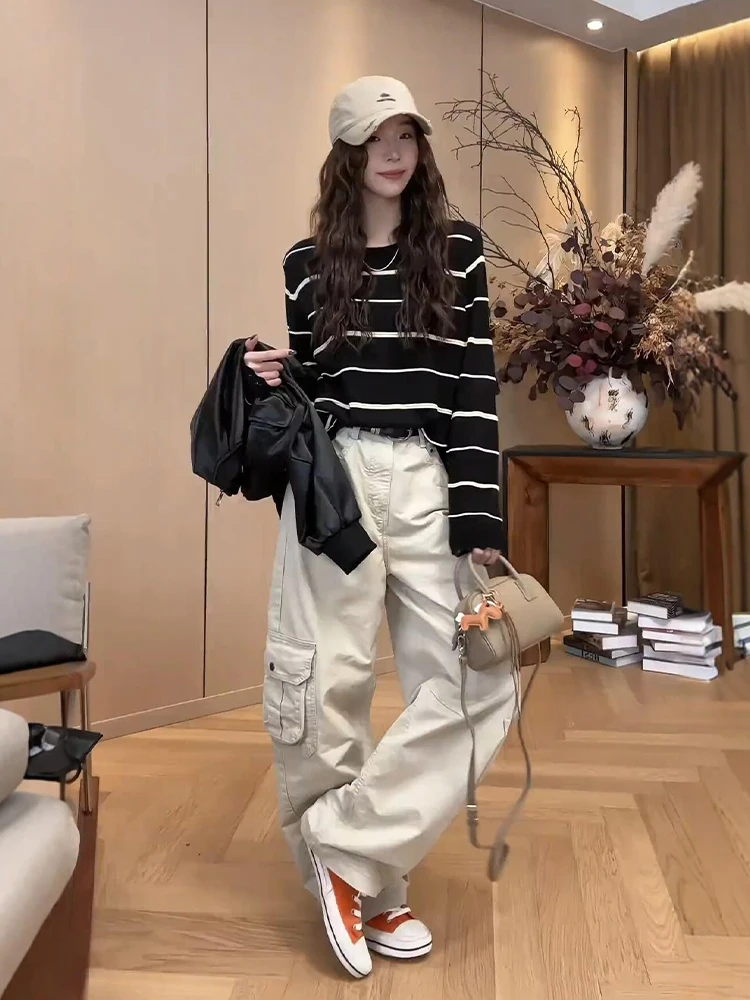 

Stylish Black Stripe Workwear Casual Pants Set Spring Fashionable Two-Piece Women's Comfortable Long-Sleeve round Neck Sweats...