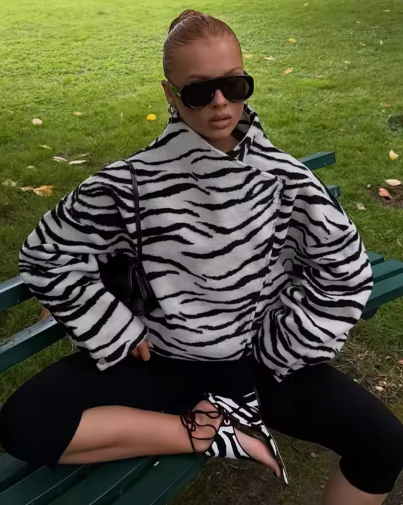 Women's Zebra Print Loose Coat, Elegant Design, High Collar, Drop Shoulder Style, Plus Size, Suitable for Streetwear in Autumn and Winter