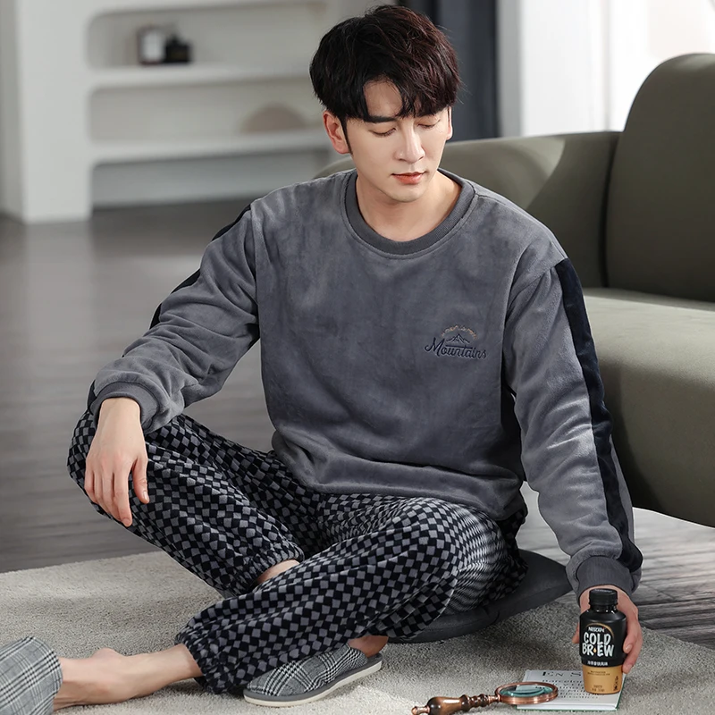 Flannel Pyjamas Người Đàn Ông Bộ Đồ Ngủ Mùa Đông Đặt Dài Tay Áo Dày Ấm Pijama Hombre San Hô Lông Cừu Pyjama Homme Ngủ