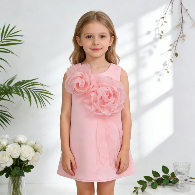 

Kids Girls New Pink Sleeveless Dress 3D Flower Children Birthday Party Performance Host Princess Gown Elegant Formal Dresses
