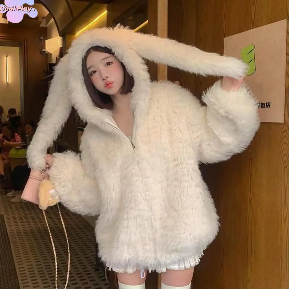 

Толстовка с длинным рукавом из искусственной овечьей шерсти, толстый теплый женский топ, кардиганы, женские Y2K, зима-осень, Kawaii, толстовка с заячьими ушками, женская