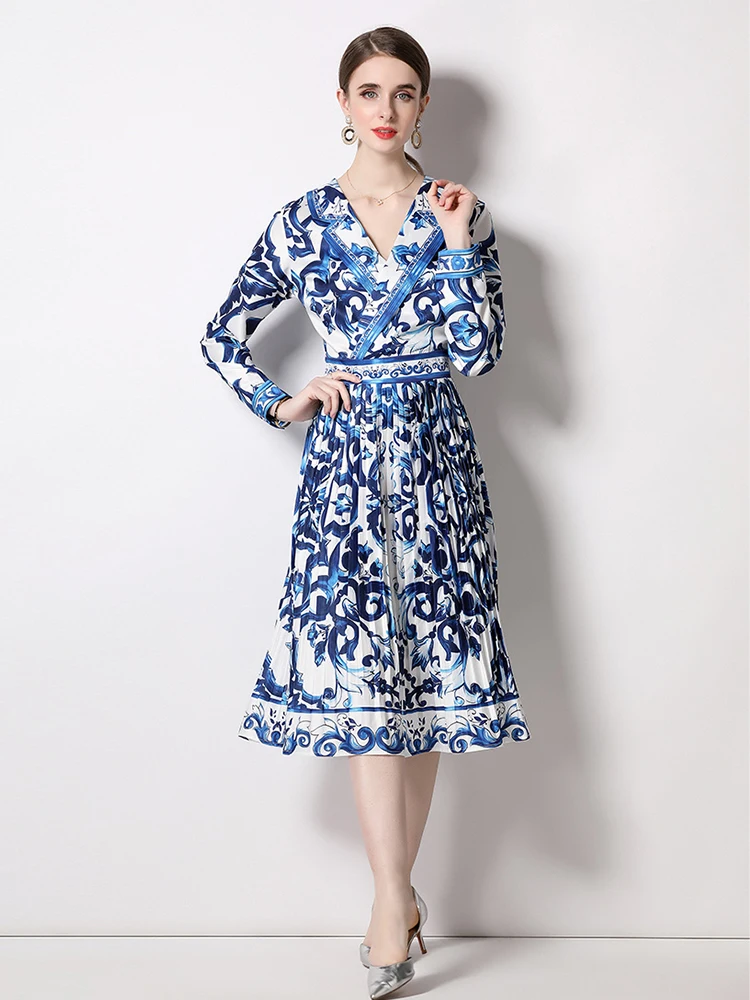 

Spring Fashion Blue and White Porcelain Shirt Midi Dress Women Clothing Notched Collar Long Sleeve Pleated Dress Vestidos N2040