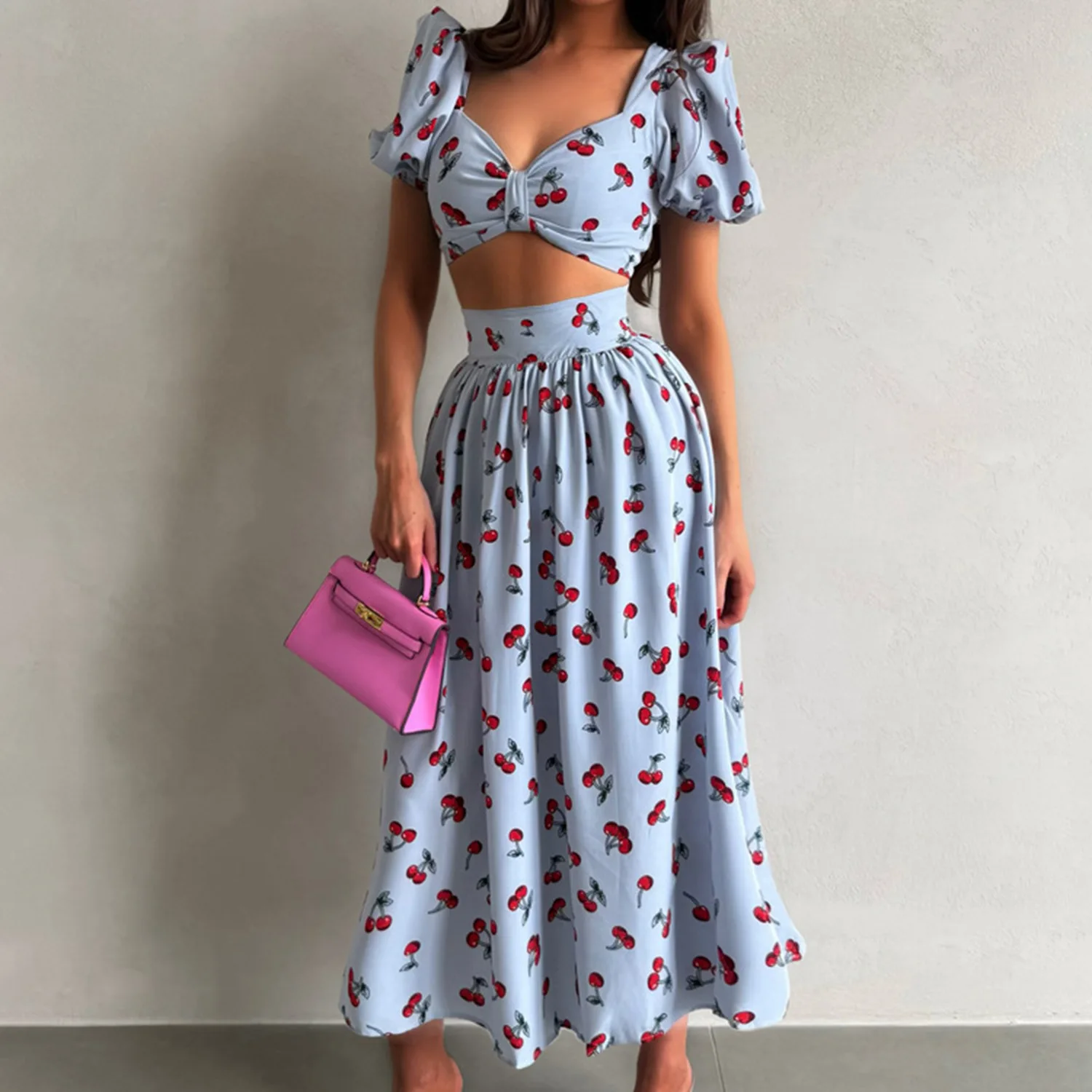 French Style Cherry Maxi Skirt Set Women Short Puff Sleeves Square Neck Waist Cut Out Top A-Line Long Skirt Beach Vacation Dress