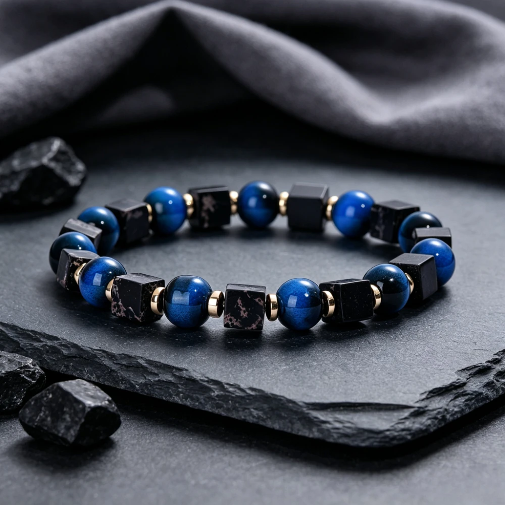 Natural Blue Tiger Eye Stone Black Emperor Stone Square Beaded Bracelet, symbolizing the power to help smooth career, men's gift