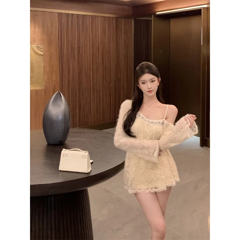 

Heavy Industry Ordered Diamond Custom Fabrics Mysterious Pure Side-Shoulder Long Sleeve Off-Shoulder Autumn New Tops