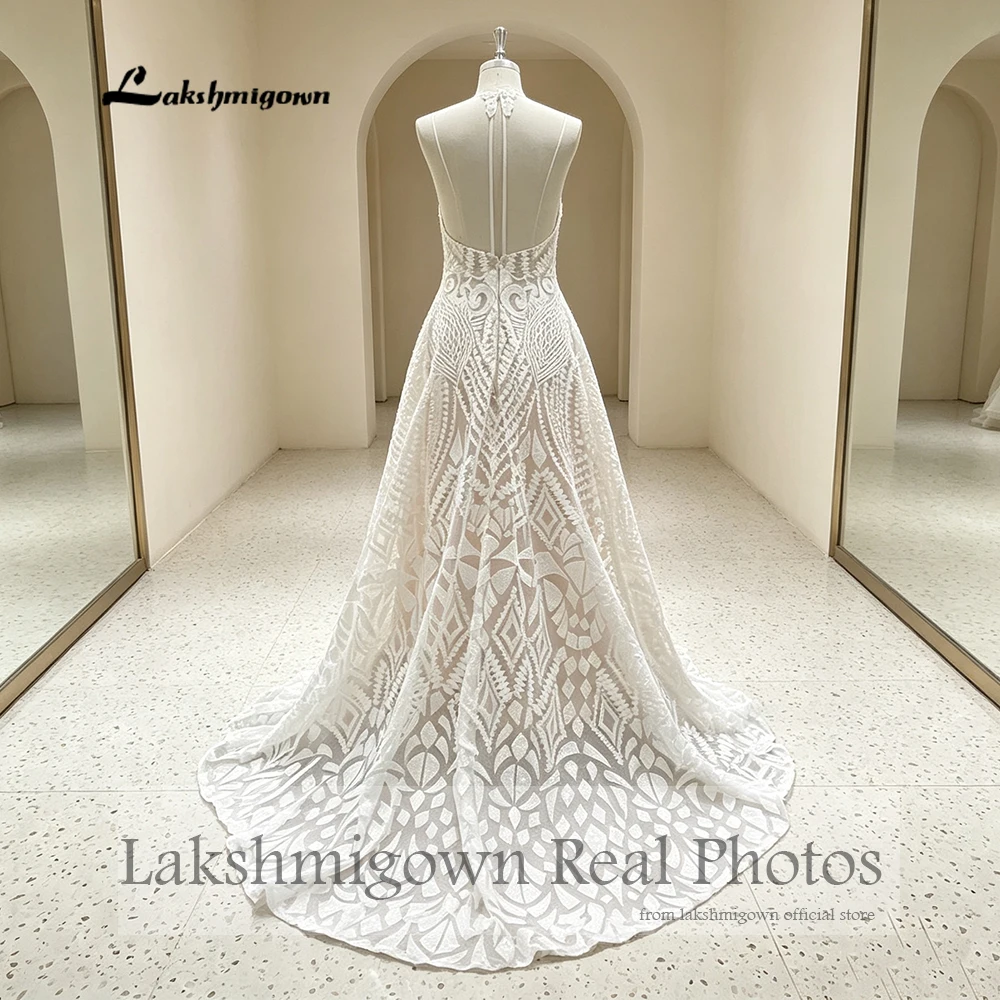 Lakshmigown A-Linie Boho Bohemian Strand-Spitzen-Hochzeitskleid V-Ausschnitt Rückenfreies Brautkleid Spaghettiträger abito da sposa Maßanfertigung – Detail 6