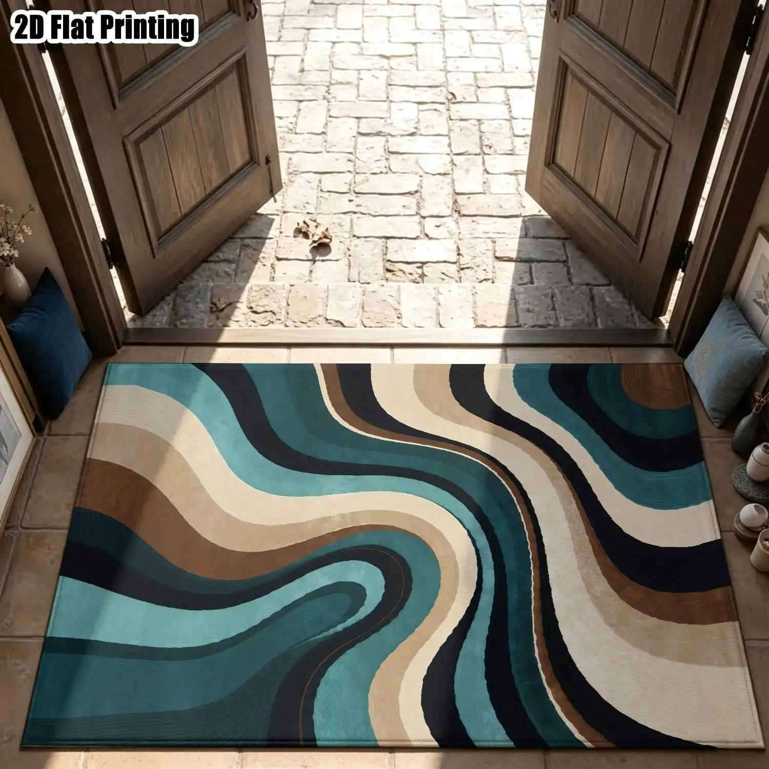 1Pc 2D Printed Carpet: Blue-Brown Geometric Wave Pattern Nordic Style, Suitable for Modern Minimalist Interiors, Geometric Stripes & Retro Design. Multi-Size, Machine Washable, Ideal for Home Decor, Entryway, Living Room, Bedroom, Dining Room, Study.