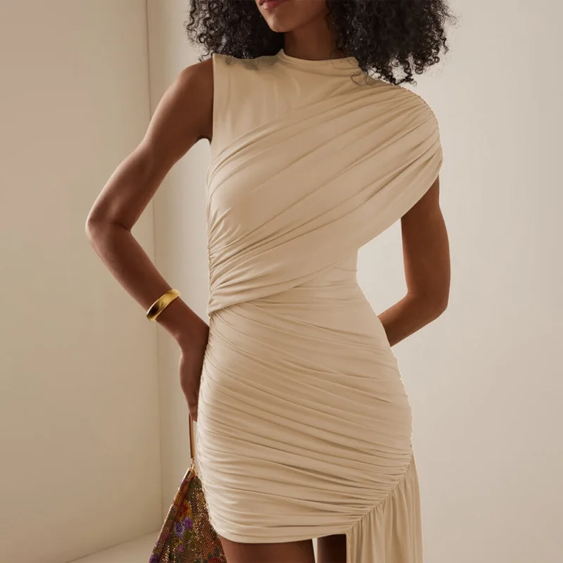 Minigonna in tinta unita con spalla a fessura senza maniche elegante aderente a vita alta sexy di nuovo stile popolare