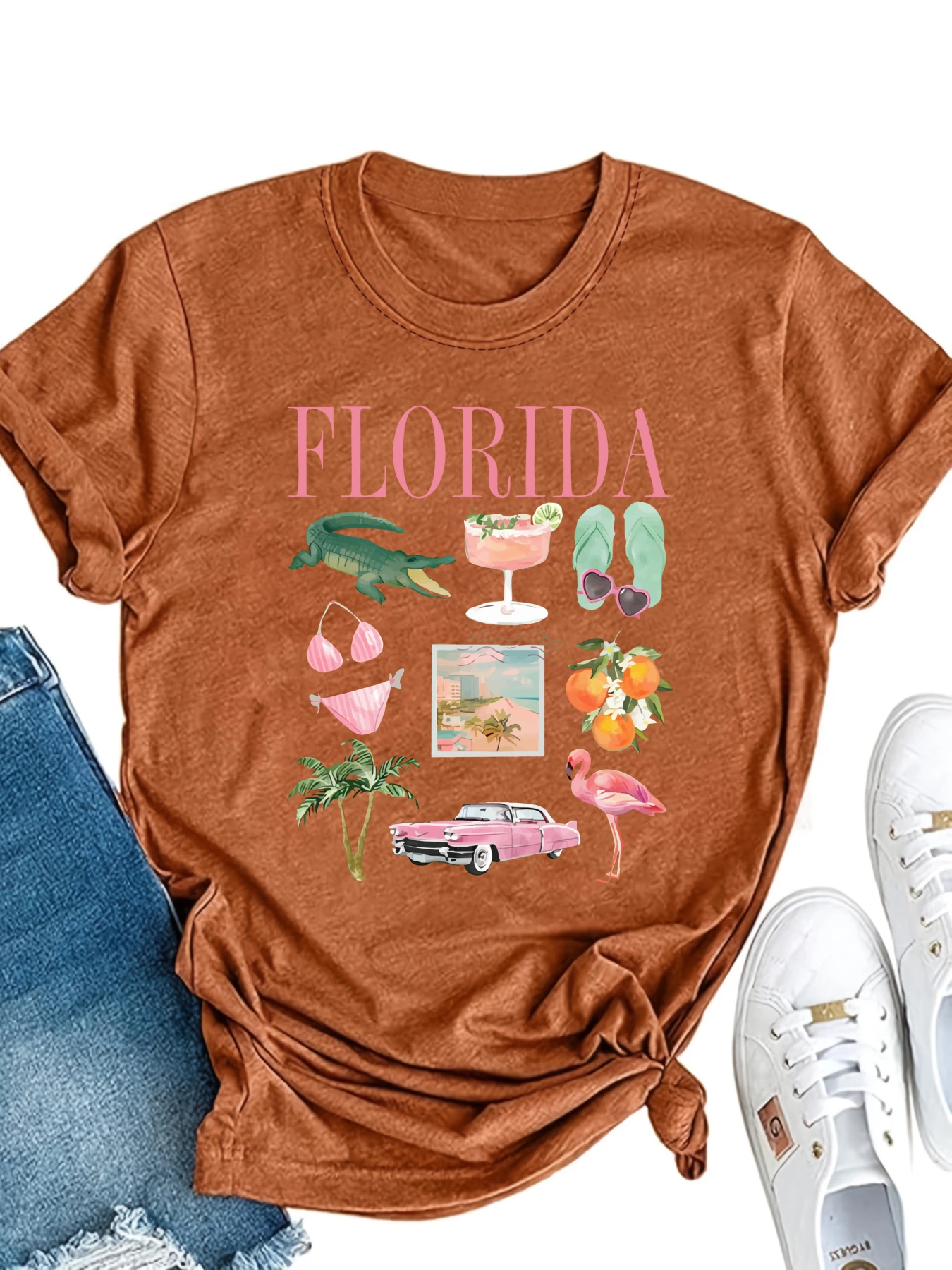 

Plus size women's short sleeve T-shirt Florida Alligator Cocktail Flip Flops Palm Tree Flamingo Car Oranges Bikini Beach Scene