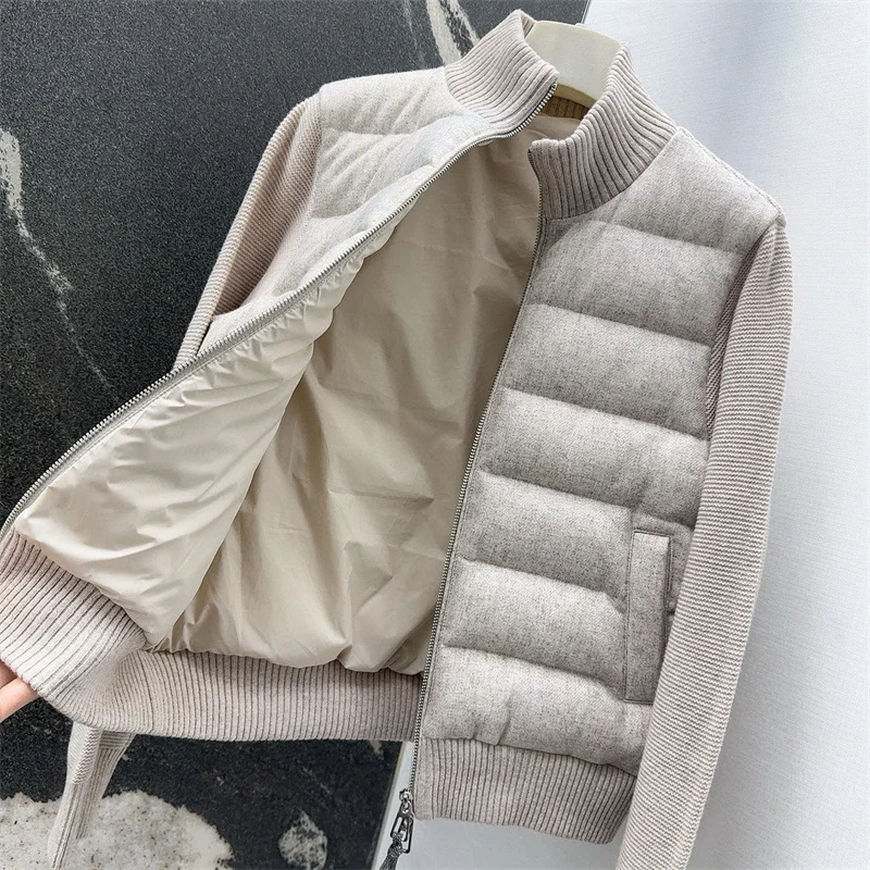 Dames donsjack 2025, winter nieuwe stretch gebreide halfhoge kraag met donsjassen witte eendendons vulling pufferjack vrouw