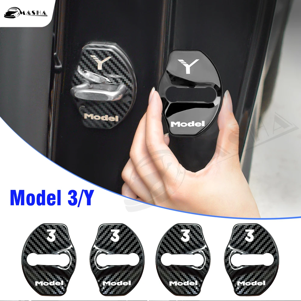 Car Door Lock Buckle Cover For Tesla Model 3 Y Door Lock Carbon Fiber Metal Sticker Accessories Automobile Decoration