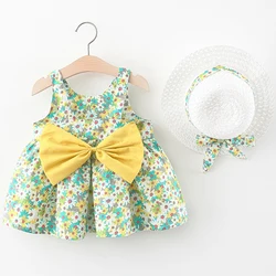 Summer Newborn Baby Girls Clothes Fashion Cute Flowers Big Bow Sleeveless Beach Princess Dress+Sunhat Toddler Dresses BC2074-1