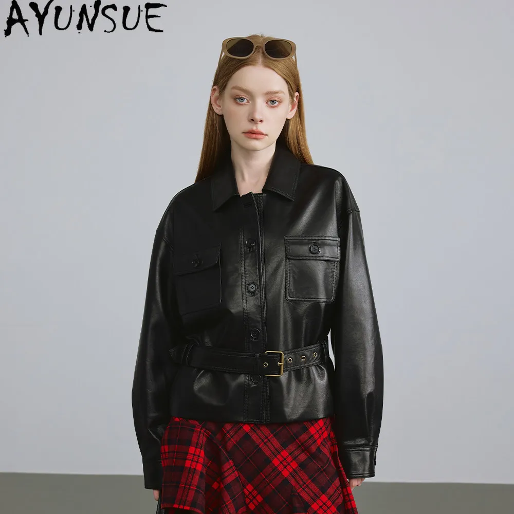 

AYUNSUE 100% Real Leather Jacket Woman Clothing Fashion Natural Sheepskin Coat Belt Women Spring Autumn Coats Casaco Feminino