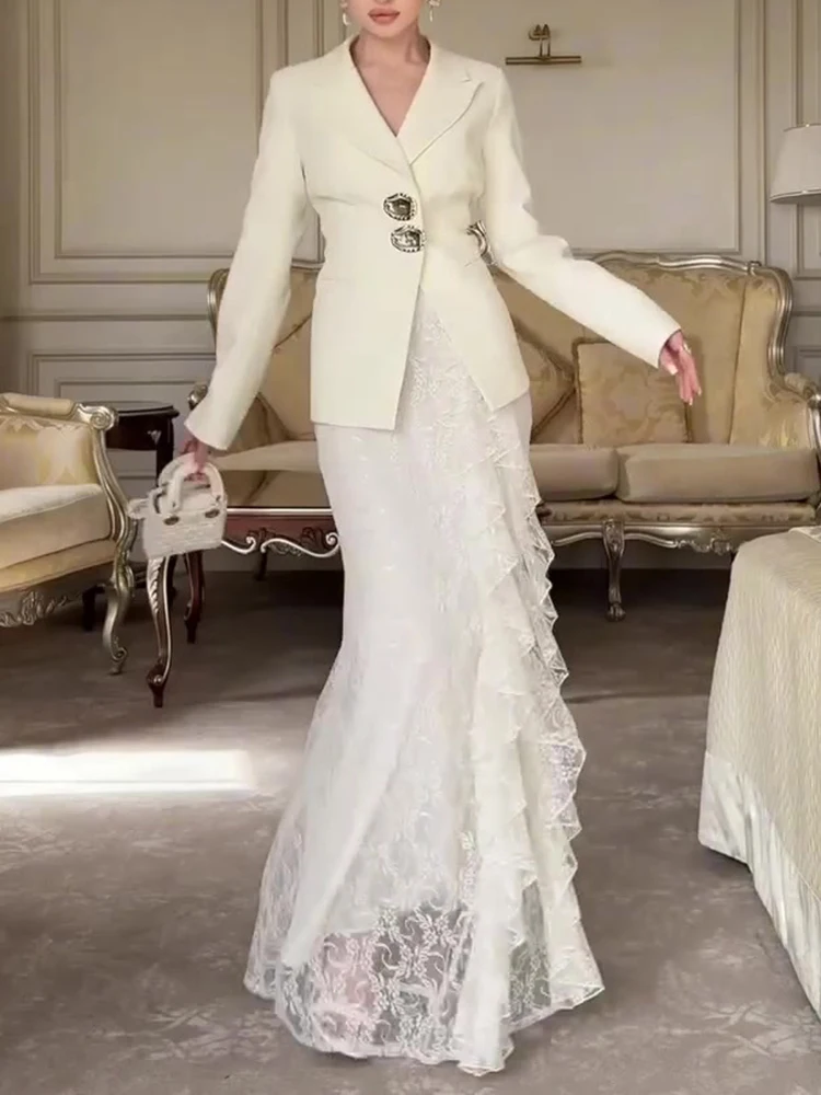 

Модные комплекты нестандартной плиссированной юбки, элегантный пиджак с длинными рукавами и кружевными юбками, темпераментные однотонные наряды для поездок на работу