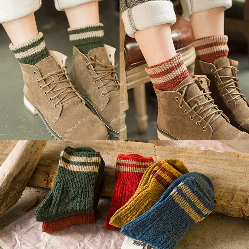 Wool High Quality Calcetines Mujer Meias Socks Women Autumn Winter Thick Two Stripes Woman Socks Warm Sokken Korean Sock Gift