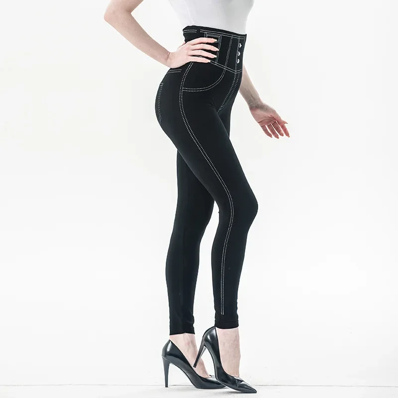 Leggings de fitness taille haute sans couture pour femmes, leggings de gymnastique décontractés, boutons, fille sexy, élasthanne noir, modal