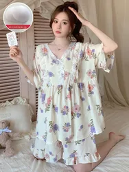 plus Size Cotton Sleepwear Women's Summer Sweet Princess Style Home Clothes Two-Piece Set with Chest Pad Short Sleeve V-Neck