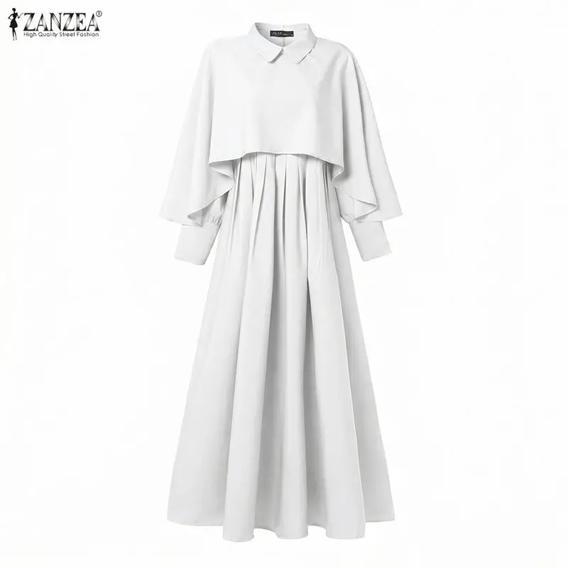 Fashion 2PCS Poncho Blouse Dress Sets ZANZEA Modest Muslim Sets Ramadan Hijab Outfits Women 2 Pieces Sets Long Sleeve Tops Suit
