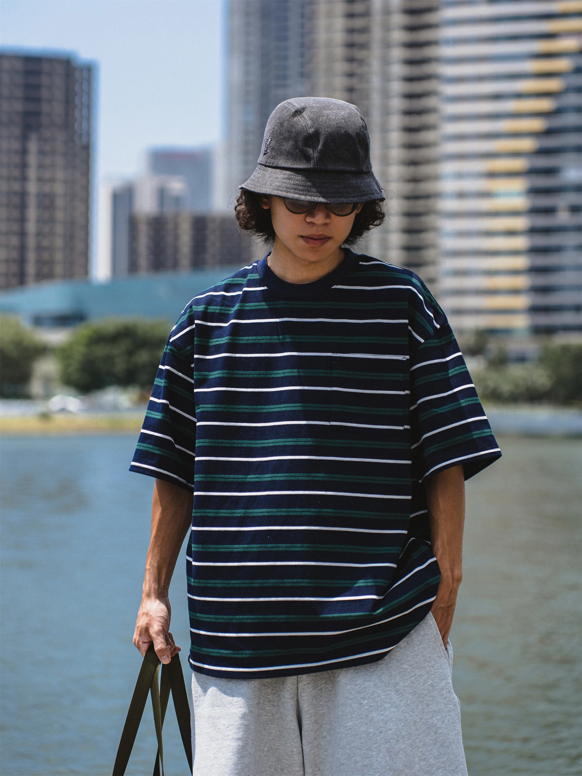 Retro Japanese Style Loose Fit Lightweight Breathable Men's Short Sleeve T-Shirt Fine Stripe Pattern Casual Cotton Blend Tee