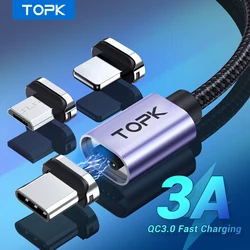 TOPK Magnetic Charging Cable 3A Micro USB Type C Cable with Led Light Magnet Phone Charger Cord for iPhone Android Devices