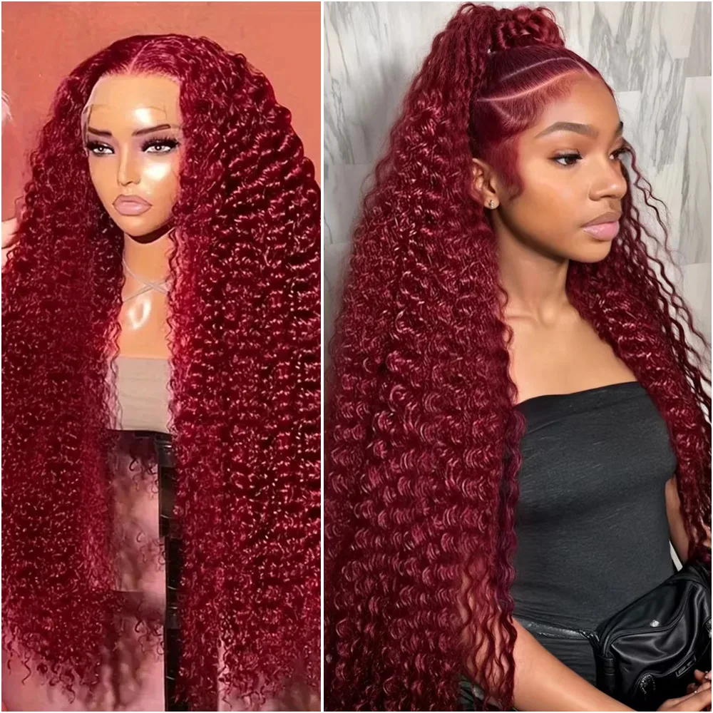 

99J Burgundy Deep Wave 200% Density 13x4 HD Lace Front Wig Red Colored Curly Wave 13x6 Lace Frontal Human Hair Wigs For Woman