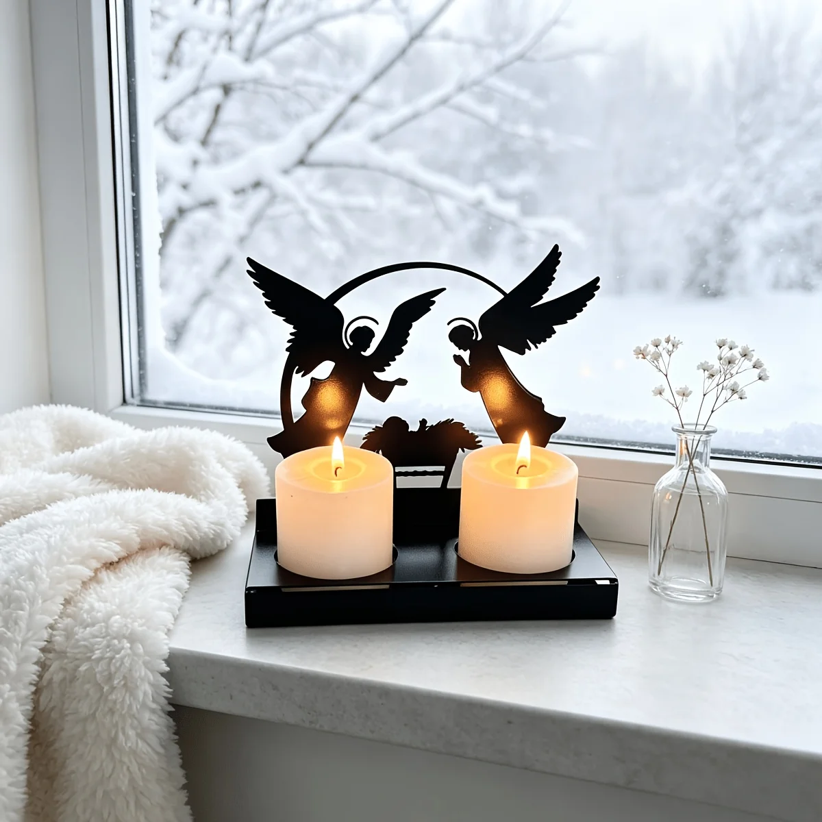 CIFBUY 1pc Christmas Nativity Iron Candle Holder Double Angel Adoring Baby Jesus Black Hollow Silhouette Desktop Decor