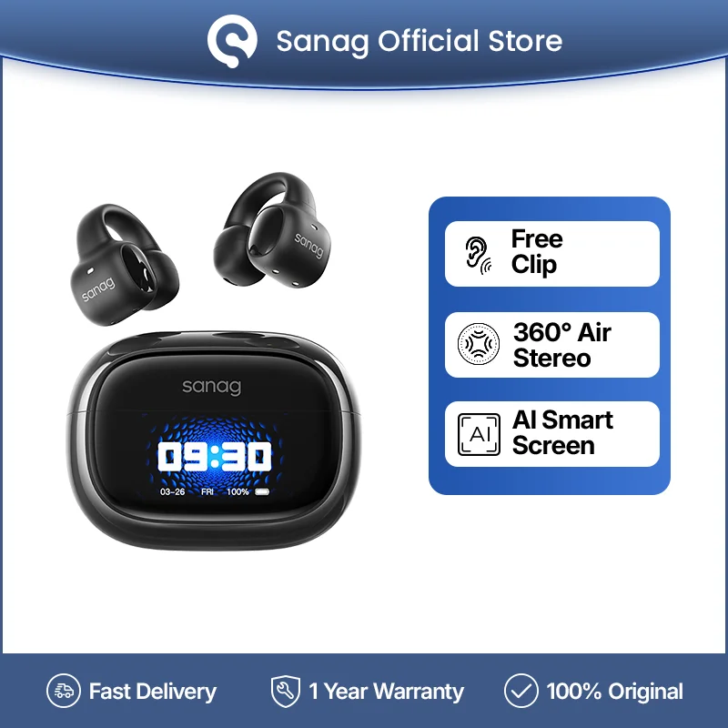 Sanag S3S Pro AI Smart Screen Bluetooth Earphone 360 ° Stereo Sound OWS Headphones Open Ear TWS Earbuds Earclip Wireless Headset