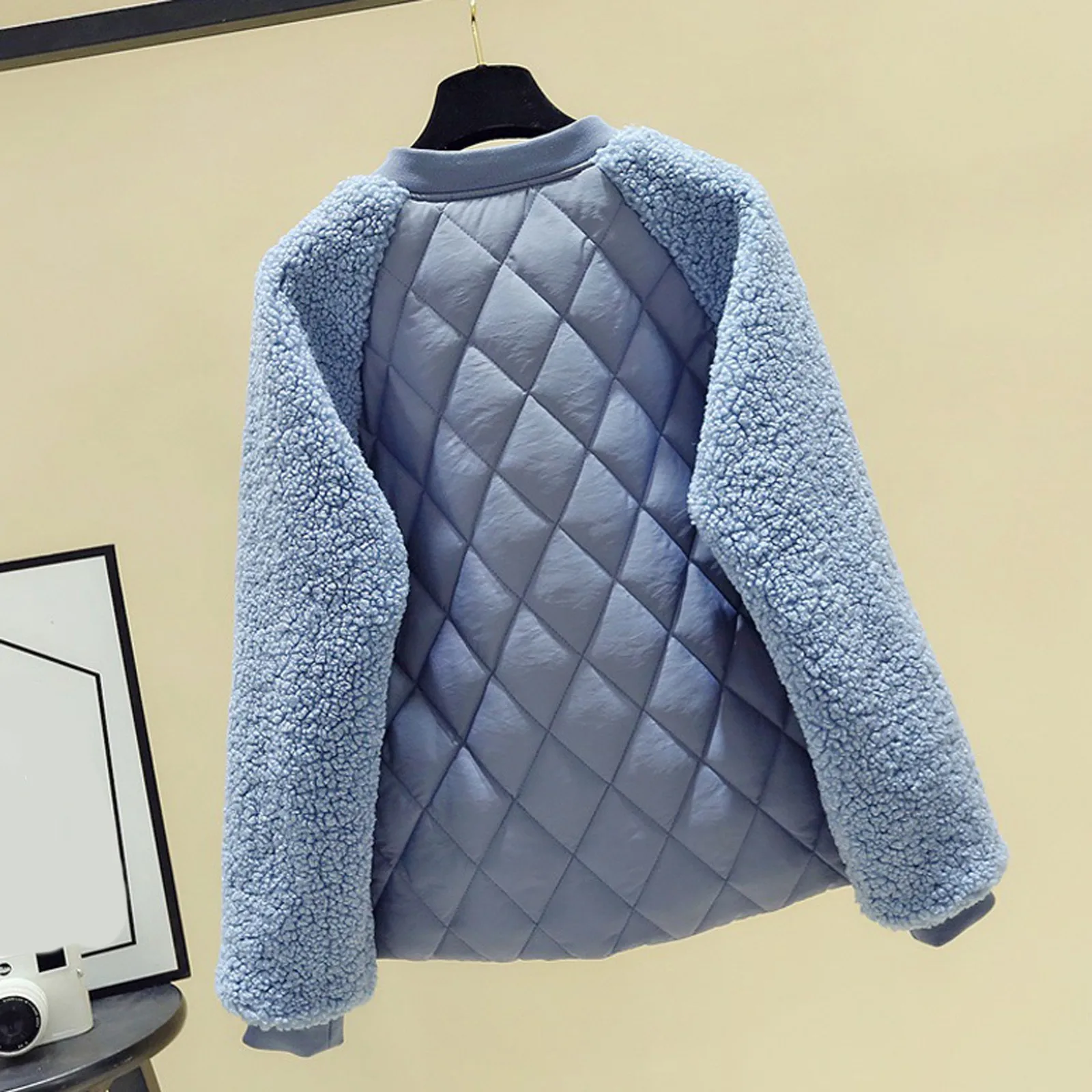 Feminino cor sólida manga comprida xadrez engrossado jaqueta de beisebol outono inverno casaco de algodão quente elegante retalhos bombardeiro jaquetas