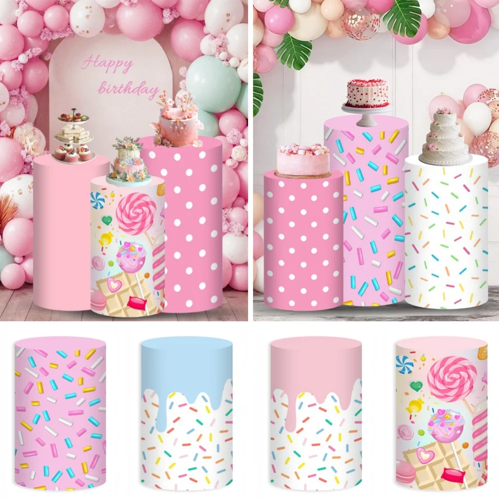 

Sweet Candy Theme Cylinder Pedestal Stand Cover Backdrop Soccer Girl Birthday Party Baby Shower Decor Background Elastic Cover