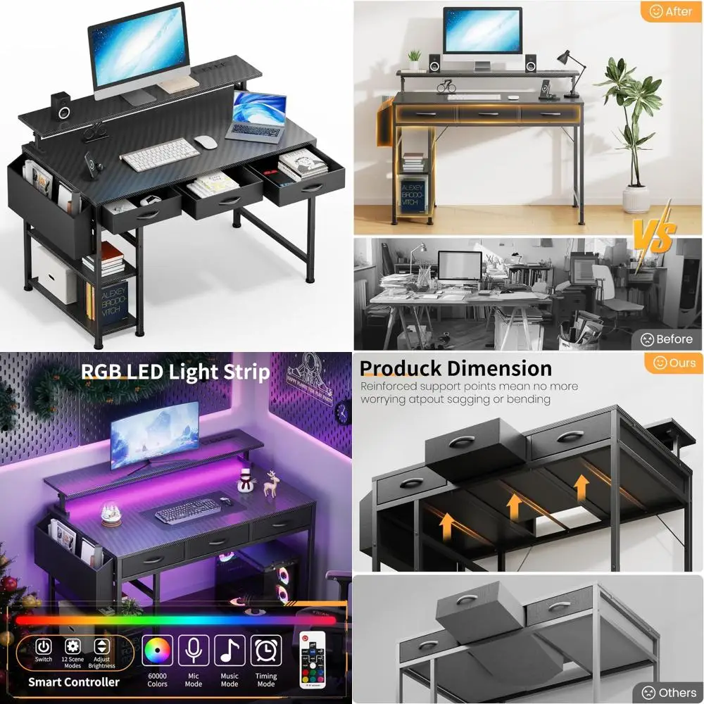 

LED-lit 47 Inch Gaming Desk with 3 Drawers and Adjustable Monitor Stand, Home Office Ready
