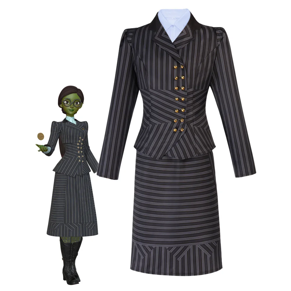 

2025 New Women's Magic Wicked Witch Costume Evilla Cosplay Women's Dress Black School Uniform Striped Set