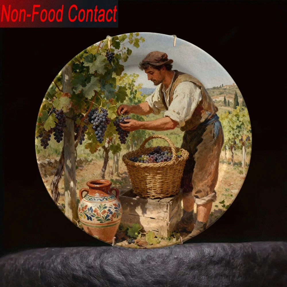 1 plato de cerámica vintage estilo campestre italiano - Escena de viñedo y vid con pintura de cosecha de uva, decoración de vino toscano