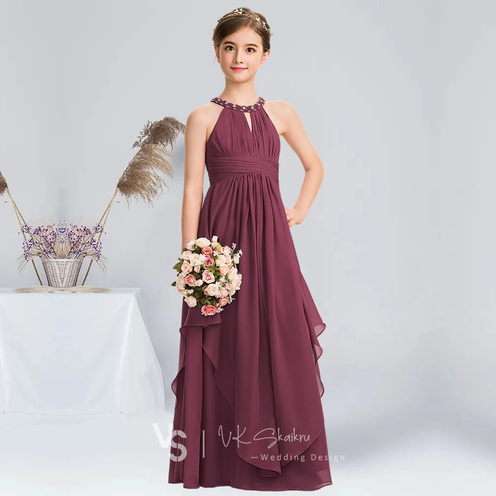 A-line Halter Floor-Length Chiffon Junior Bridesmaid Dress With Beading Mulberry Girl Bbridesmaid Dress Summer Flower Girl Dress