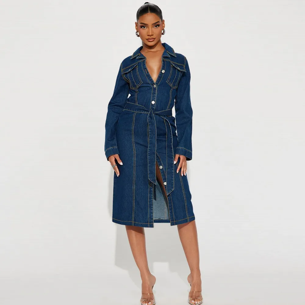 2024 Autumn Winter Fashion New Midi Dress Shirt Neck Pocket Pencil Dress Casual Elegant Temperament Single Breasted Denim Dress