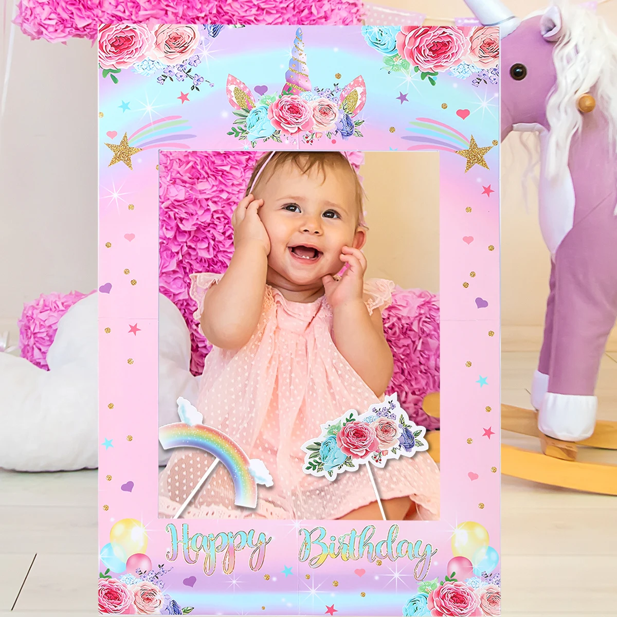Jednorożec impreza tematyczna papierowa ramka do fotobudki dziewczyny urodziny strzelanie tło rekwizyty ślub wieczór panieński wystrój Baby Shower — zdjęcie 6