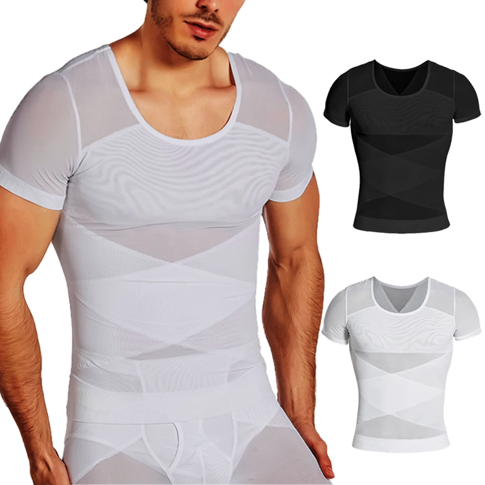 Men Body Shaper Waist Trainer Corset Tops Undershirts Belly Trimmer Abdomen Slimming Shapewear Gym Workout Fitness Short Sleeves