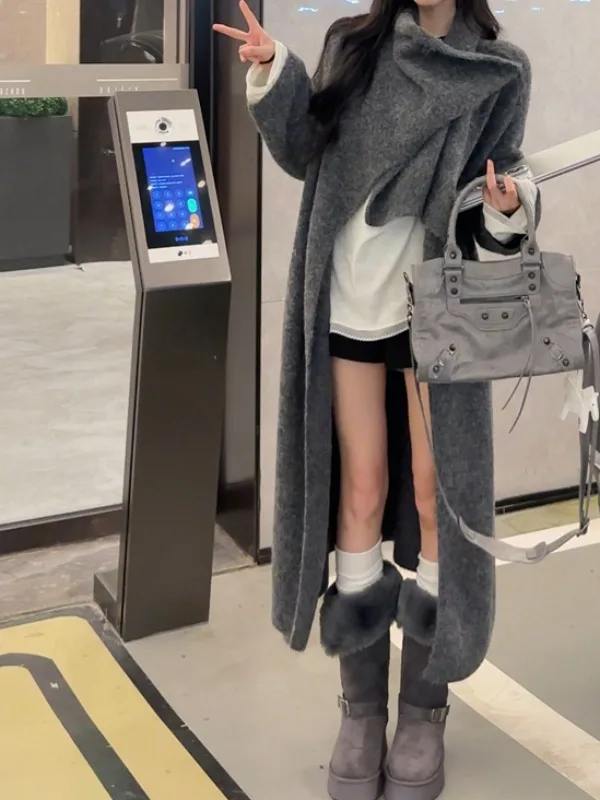 

Модный длинный открытый кардиган, свитер, женский осенне-зимний новый трикотаж, закрывающий талию, большой воротник, дизайн с узлом